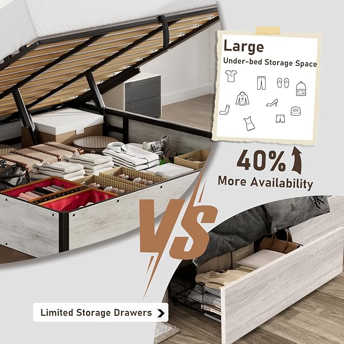 Lift Up Storage Bed Frame, Queen Size Wooden Platform Bed with Large Storage Underneath, No Box Spring Needed, Noise Free, Distressed White