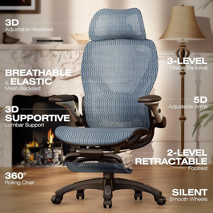 ELABEST X100 Ergonomic Office Chair with Footrest, Big and Tall Home Desk Chair with 5D Flip-Up Arms, Adjustable 3D Lumbar Support,High Back Rolling Computer Chair, Swivel Mesh Chairs (Oaxaca Blue)