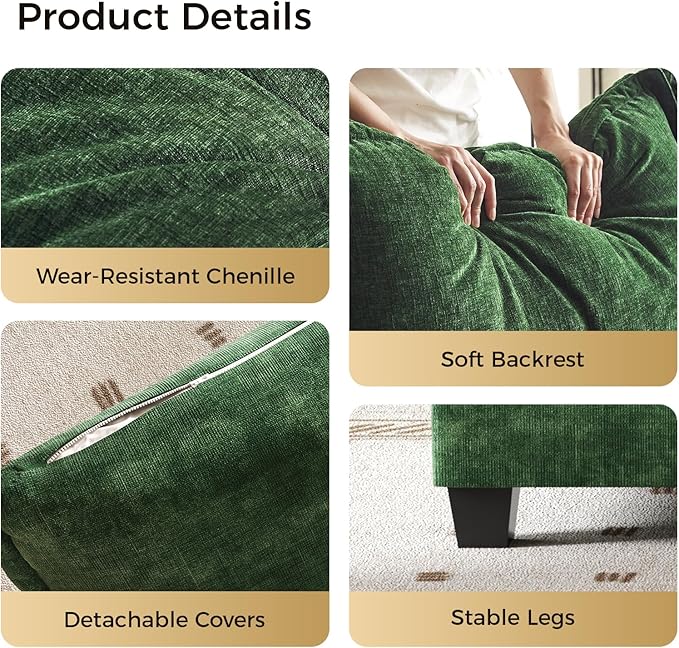 KKL Modular Sectional Sofa, J-Shaped 5 Seater Convertible L-Shaped Cloud Couch with Ottoman, Chenille Modern Sectional Couches for Living Room, Apartment Green