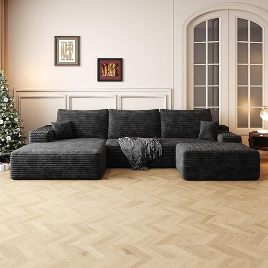 108" Sectional Couches for Living Room Modern Modular Sofa with L-Shape Couchs Upholstered Boneless Couch Deep Seat Sectional Couch with Chaise (Black, Left Facing Chaise+2Seaters+1Ottoman)