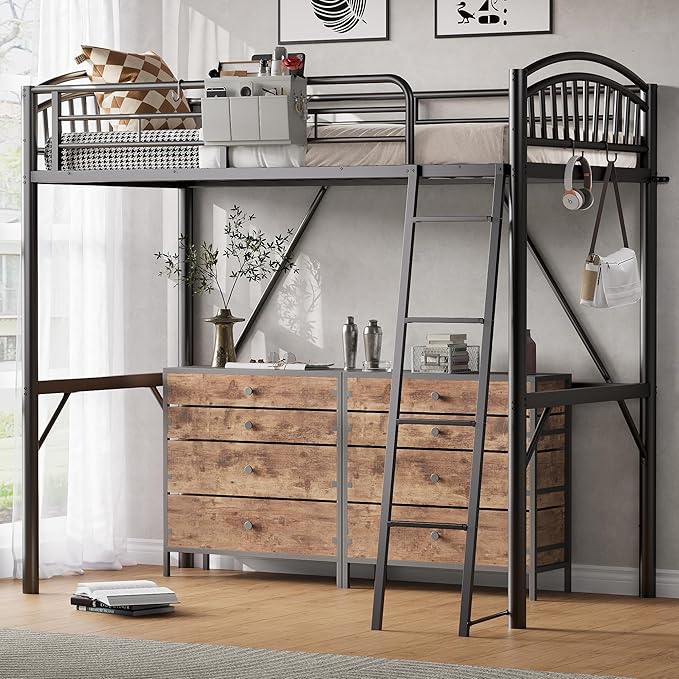Metal Loft Bed Twin Size, Twin Loft Bed with Bedside Caddy, Convertible Ladder & Full-Length Guardrails, Space-Saving & Noise Free Design, No Box Spring Needed, Loftbed Frame for Teens Adults