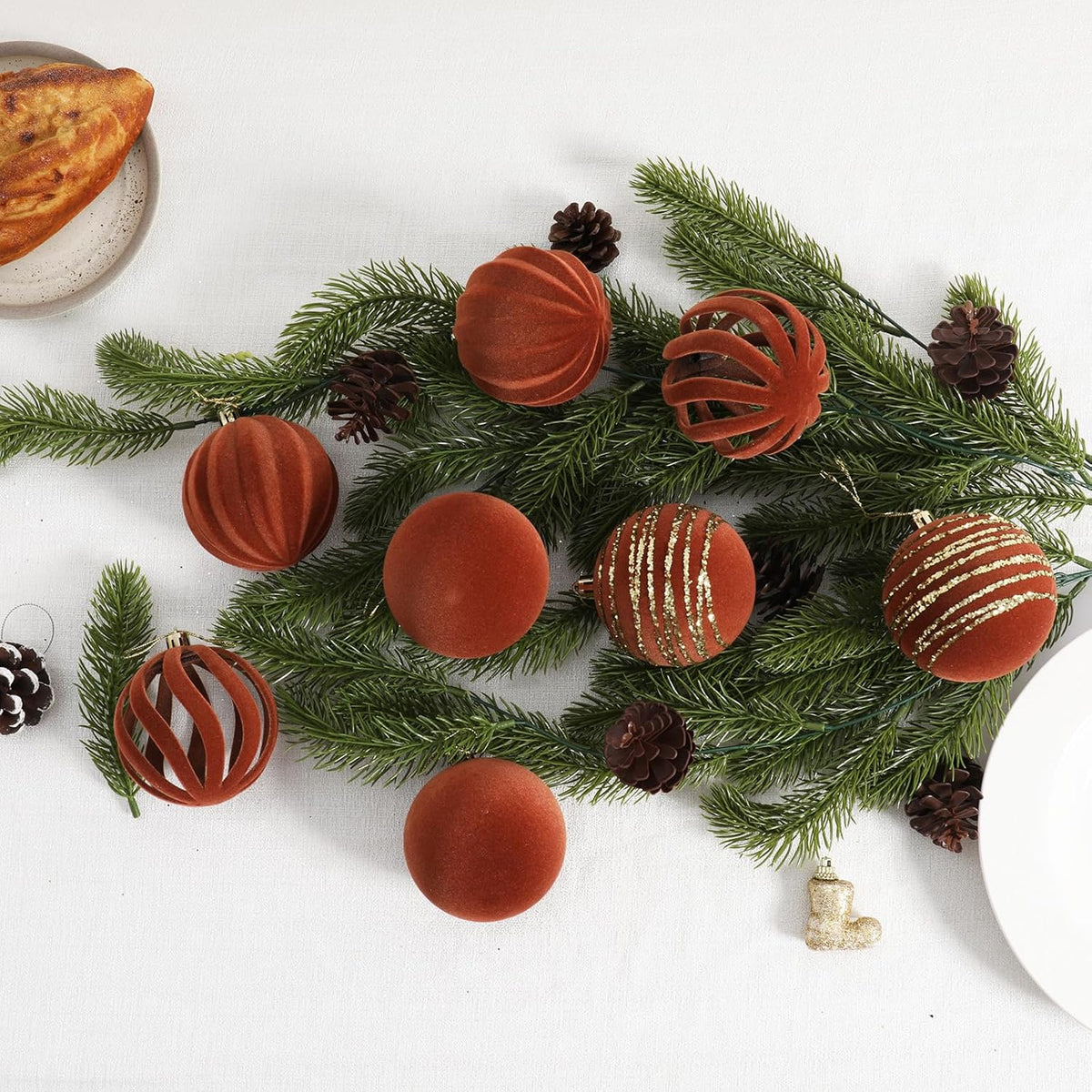 Christmas Ornaments Set of 12, 3.15" Flocked Velvet Balls with Hand Painted Designs, Brown Elegant Christmas Tree Decorations in Gift Box