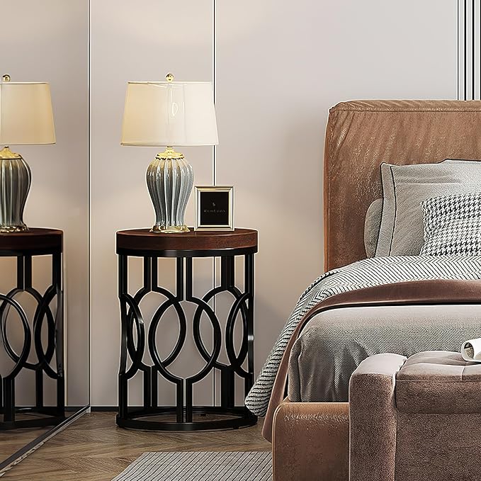 Tribesigns Round End Table, Industrial SideTable with Metal Hollow Frame, Small Bedside Table Nightstand for Living Room, Bedroom, Easy Assembly (Rustic Brown,1PC)