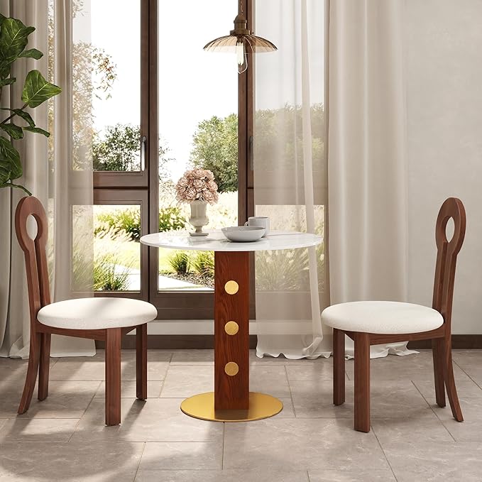 Sintered Stone Office Table and Chair Set - 33.5" Round Table for Small Offices (Red Leg and White Top, 1 Table and 2 Chairs)