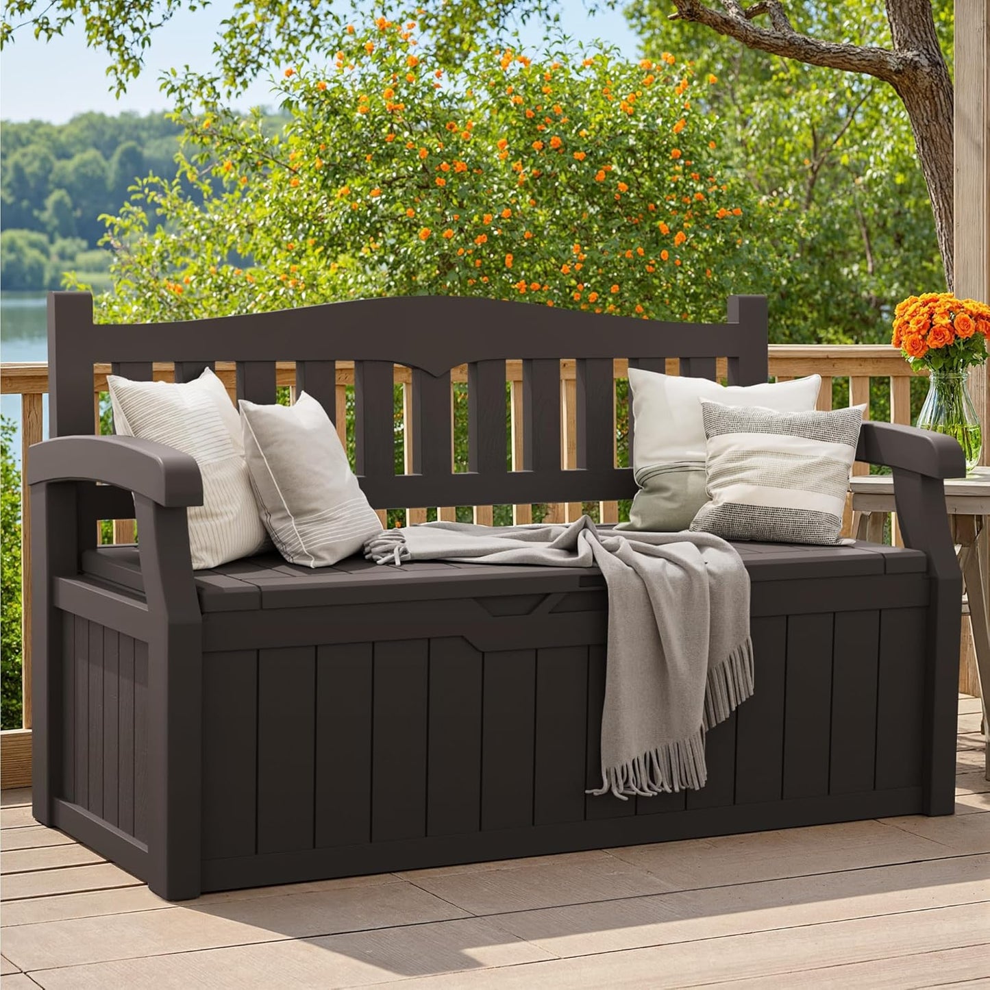 Greesum 80 Gallon Storage Bench Outdoor Deck Box with Armrest, Patio Furniture,Lockable, Waterproof and UV Resistant, Suitable for Garden, Pool, Brown