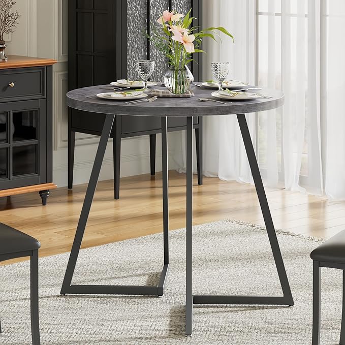VECELO 35" Round Dining Table for 4, Wood-Grain Tabletop & Heavy-Duty Steel Frame, for Kitchen, Living Room, Easy Assembly, Dark Grey