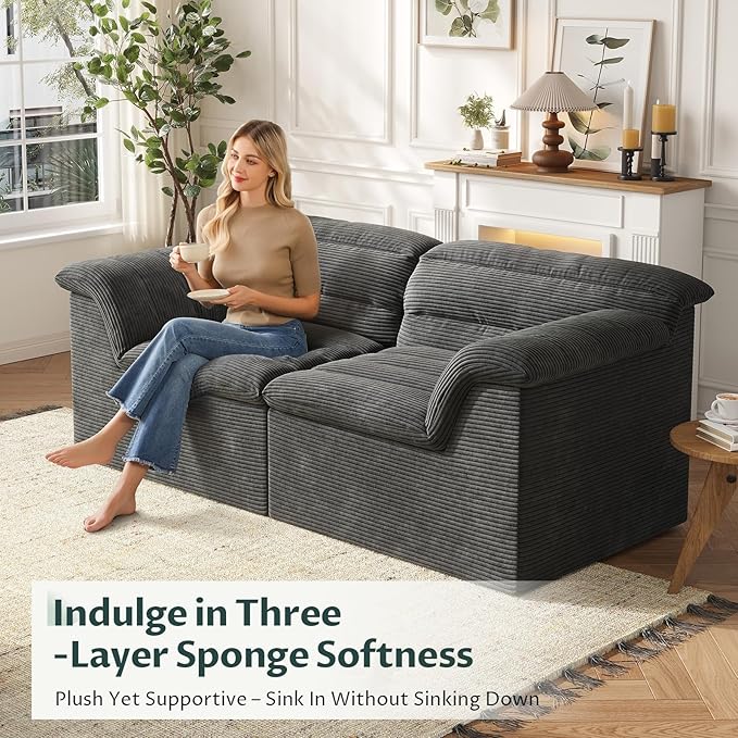 88" Sofa with Deep Seats Oversize, 3 Seater Cloud Couches, Upholstered Corduroy Couch for Living Room Bedroom, No Assembly Required, Dark Gray