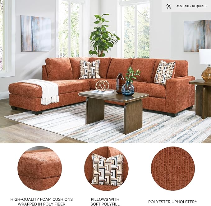 Signature Design by Ashley Aviemore Casual L-Shaped 2-Piece Sectional with Chaise and Loose Seat Cushions, Accent Pillows Included, 110" Wide, Burnt Orange