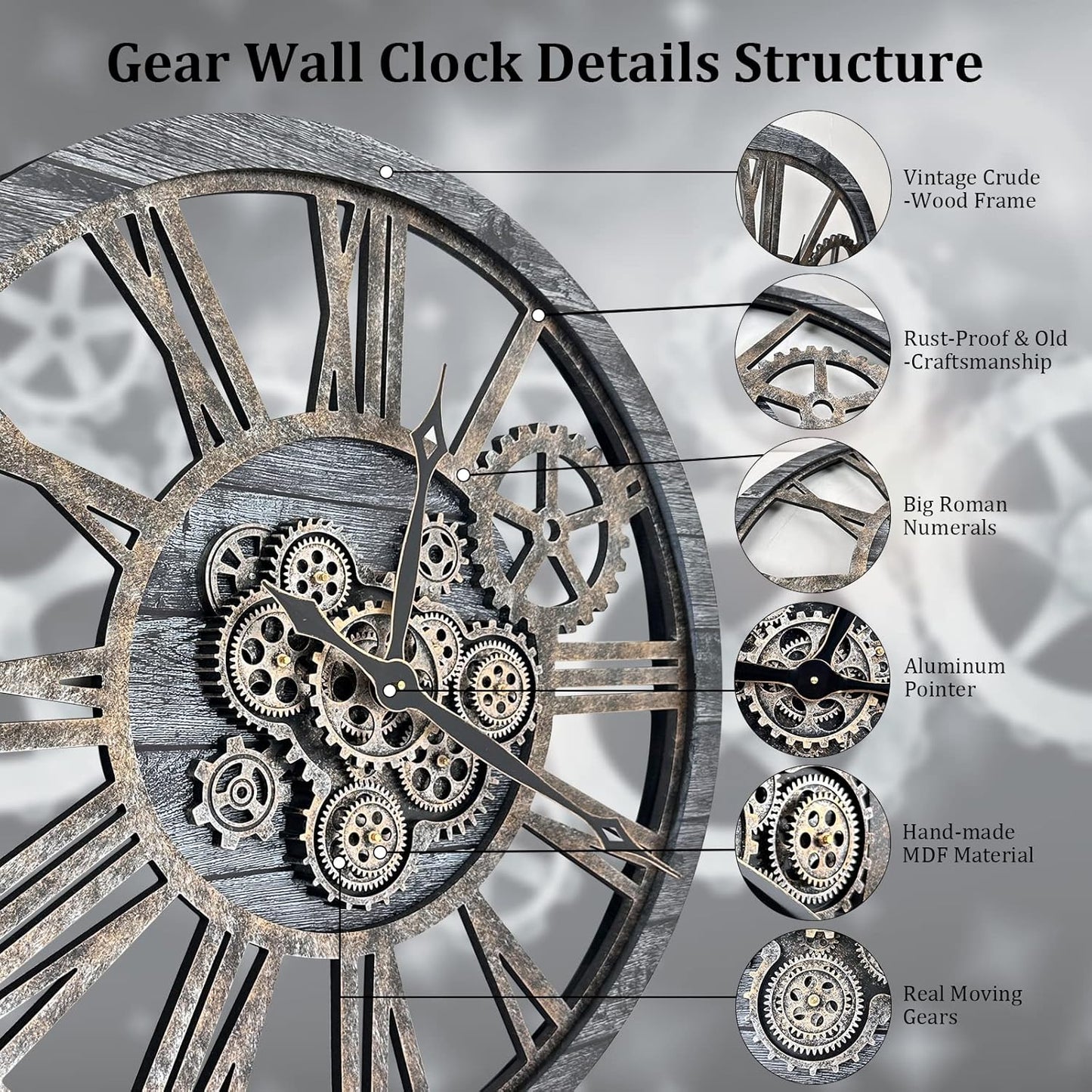 HOIBAI Large Wall Clock, Wall Clocks for Living Room Decor 36 Inch Farmhouse Vintage Rustic Kitchen Wall Decor Vintage Roman Oversized Wall Clock for Home Bedroom House, Moving Gears Clock
