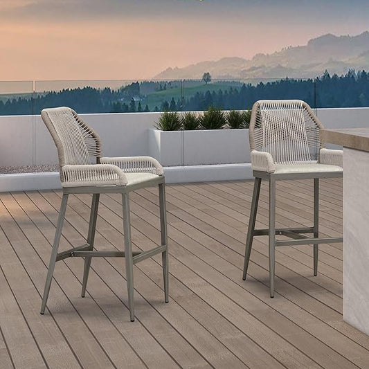 PURPLE LEAF 2 Pieces Bar Stools Patio Modern Rattan Barstools Aluminum Woven Tall Bar Chairs with Cushions for Outdoor Kitchen Island Garden