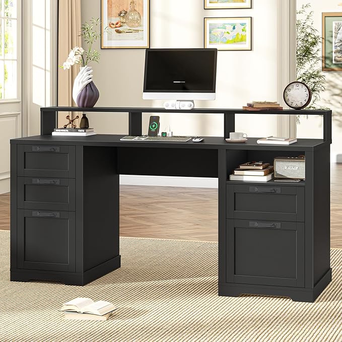 Halitaa 61" Farmhouse Executive Desk with Monitor Stand & File Drawers,Computer Desk with Storage Drawers,Large Workstation LED Lights and Power Outlets for Home Office,Study,Black