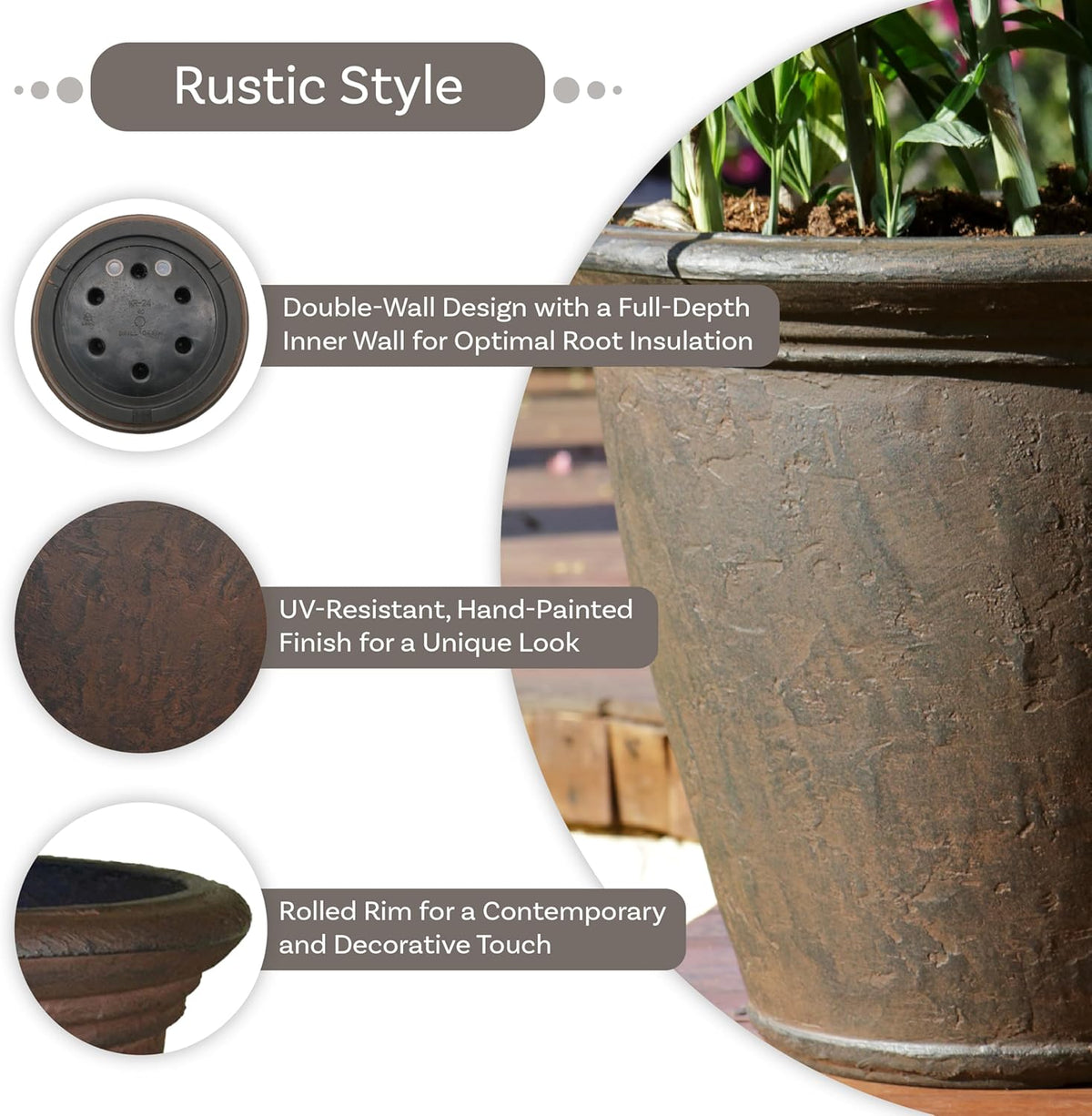 Sunnydaze 24-Inch Anjelica Large Plastic Pot for Plants - Outdoor Polyresin Round Planter with Drillable Drainage Holes - Rust - 2pk