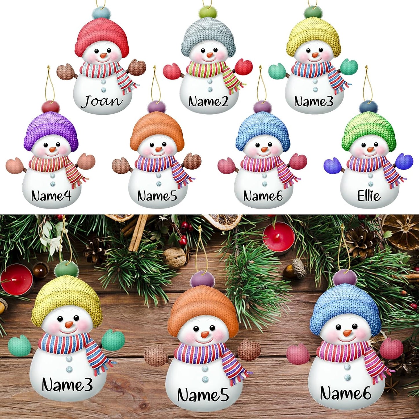 Personalized Christmas Ornaments with Names Snowman Custom Family Ornament Customized Xmas Tree Hanging Wood Decoration Gift 3.15"（8cm） Yellow