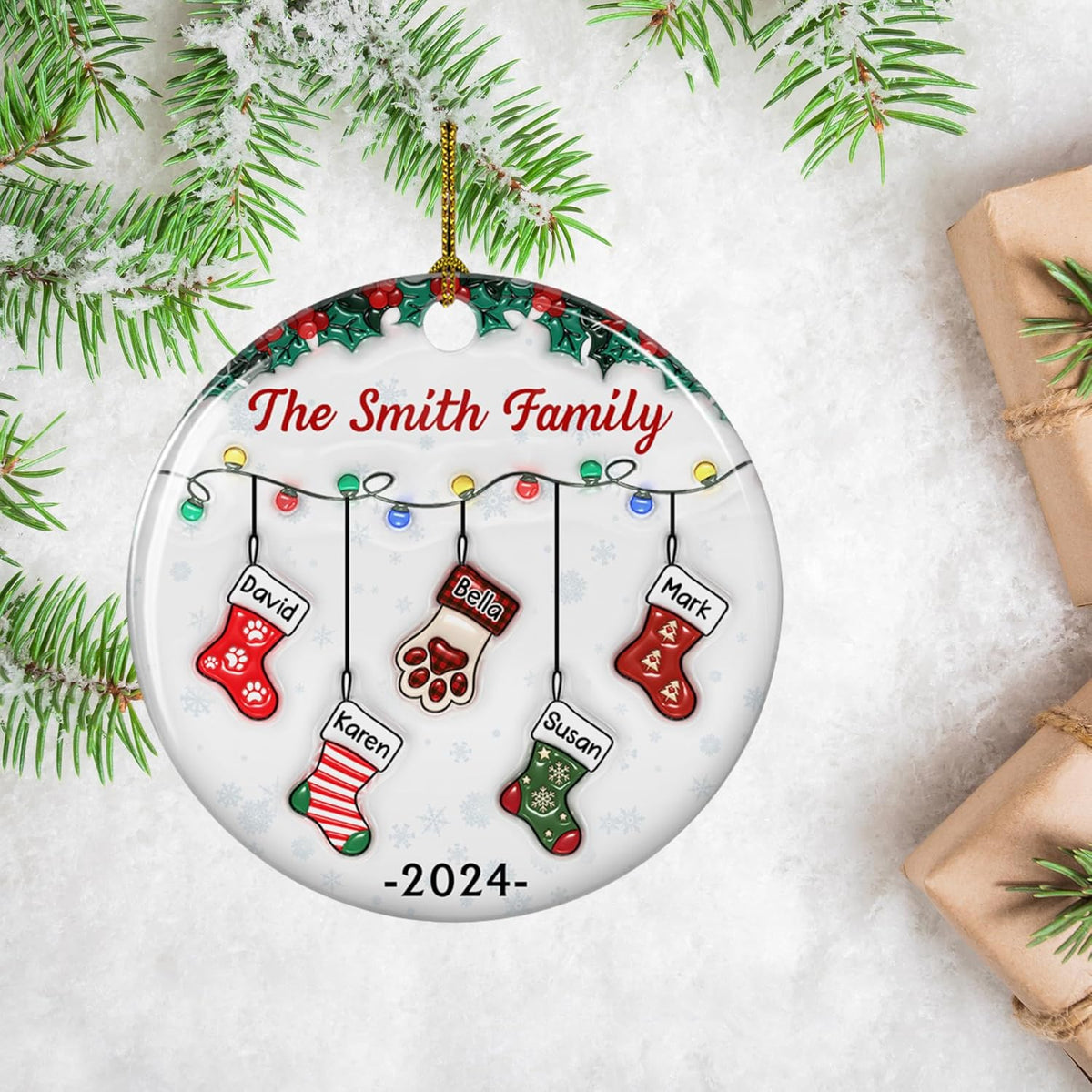 Stocking Personalized Family Christmas Ceramic Ornament 2025-3D Inflated Effect Custom Name Hanging Stock up to 10 Members, First Xmas as A Family Ornament Gifts (A04, 2 Names)