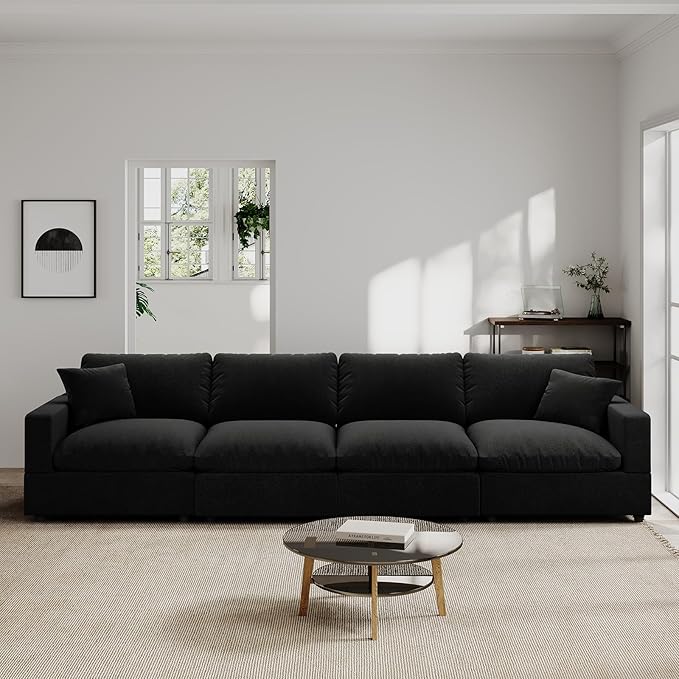 Modern Sectional Linen Couch for Living Room,4 Seat Modular Cloud Sofas,Detachable Couch Cushion Covers,Cozy Feather Down Sofa for Apartment Black