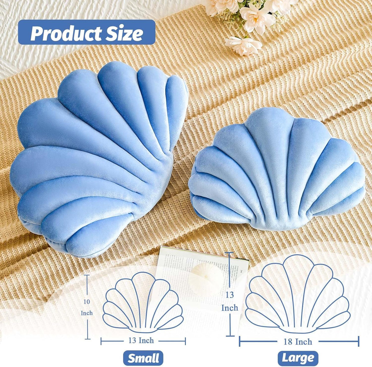 Dusty Blue Seashell Throw Pillows, Shell Shaped Throw Pillows, 13 Inch Soft Velvet Home Decorative Pillow Plush Cushion for Bed Couch Living Sofa Room Decor Accent Throw Pillow