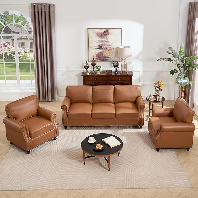 Kingfun 3 Seater Sofa, Mid-Century Modern Faux Leather Couch Set for Living Room, Brown with Rolled Arms & Nailhead Trim, Easy Assembly