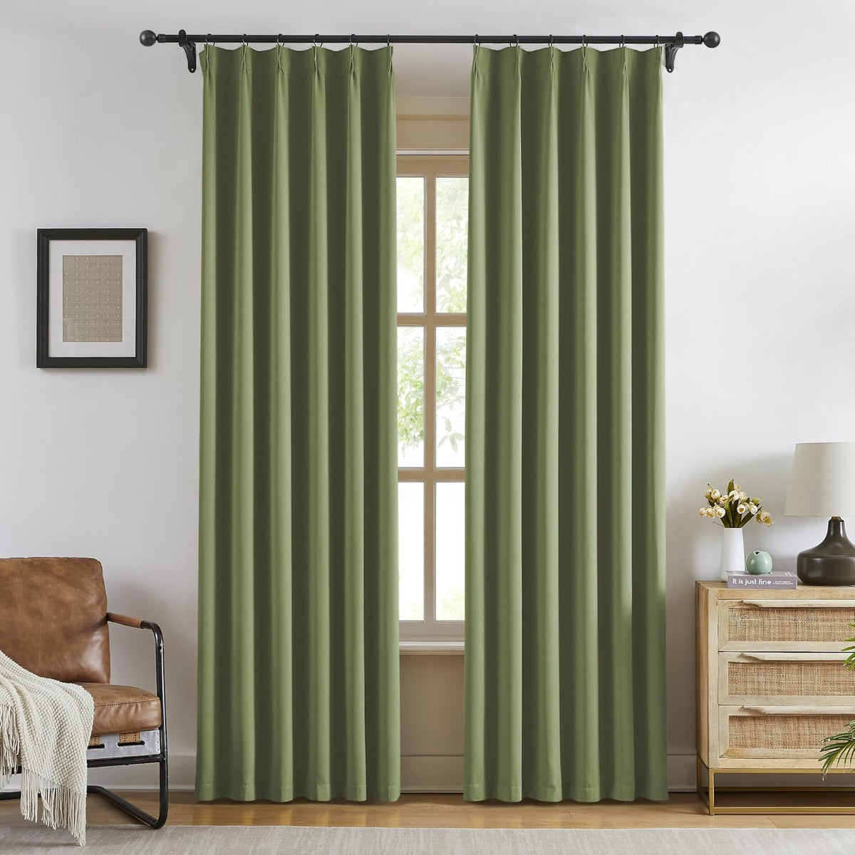 KangBang Sage Green Pinch Pleated Curtains 84 Inches Long for Bedroom, Room Darkening Energy Saving Elegant Pinch Pleat Drapes for Living Room Kitchen with Hooks,40x84 Inch, 2 Panels