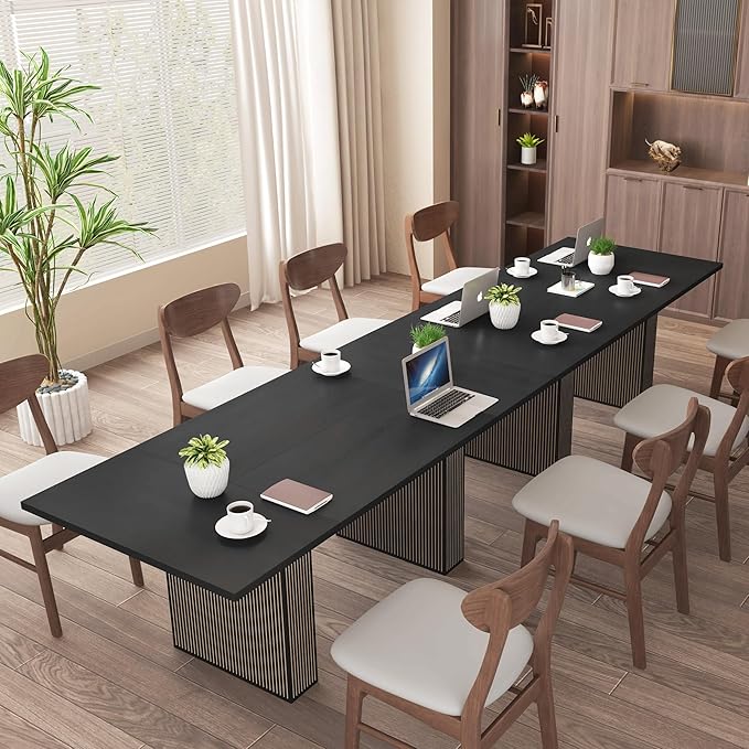 LEVNARY 78 Inch Long Executive Desk, Large Office Desk with Wood Strip Base, Modern Farmhouse Computer Desk Business Furniture for Home Office (Black)
