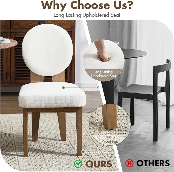 Mid-Century Modern Walnut Dining Chairs Set of 2, Vintage White Wooden Kitchen Chairs, Retro Upholstered Linen Cushioned Seat with Curved Backrest, Armless Accent Side Chair for Bedroom
