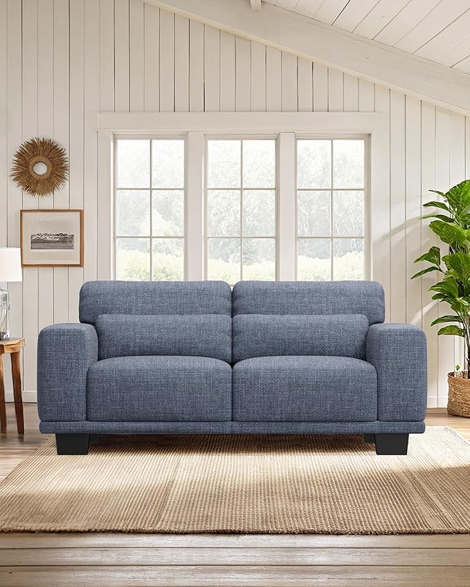 Marsail Modern 65 Inch Linen Fabric Sofa, 2-Seater Couch with Wide Armrests, Deep Cushions & Removable Washable Covers, Comfortable Living Room Furniture, Blue