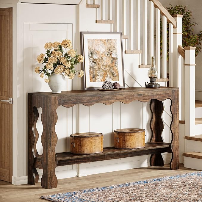 Tribesigns 63 Inch Entryway Table, Modern Rustic Entry Table with Scalloped Edge & Storage Shelf, Accent Narrow Long Sofa Table Behind Couch Console Tables for Entryway, Living Room, Dark Brown