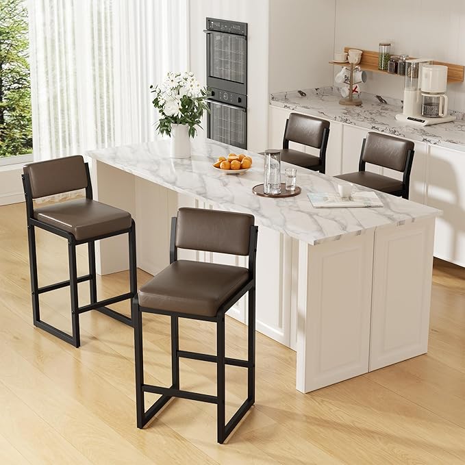 Bar Stools Set of 2, Faux Leather Counter Height Bar Stools with High Back and Metal Legs, Upholstered Bar Chairs, 26" Modern Barstools for Kitchen Island, Dark Brown