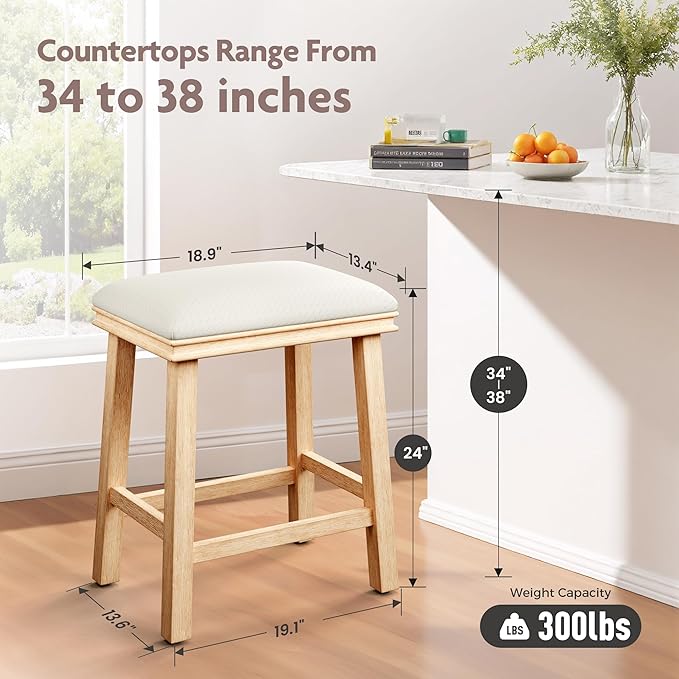 ALPHA HOME 24 inch Barstools Set of 4, Solid Wood Kitchen Stools with PU Leather Cushion Counter Height Bar Stools for Indoor, White Seat and Wooden Legs, 4PCS