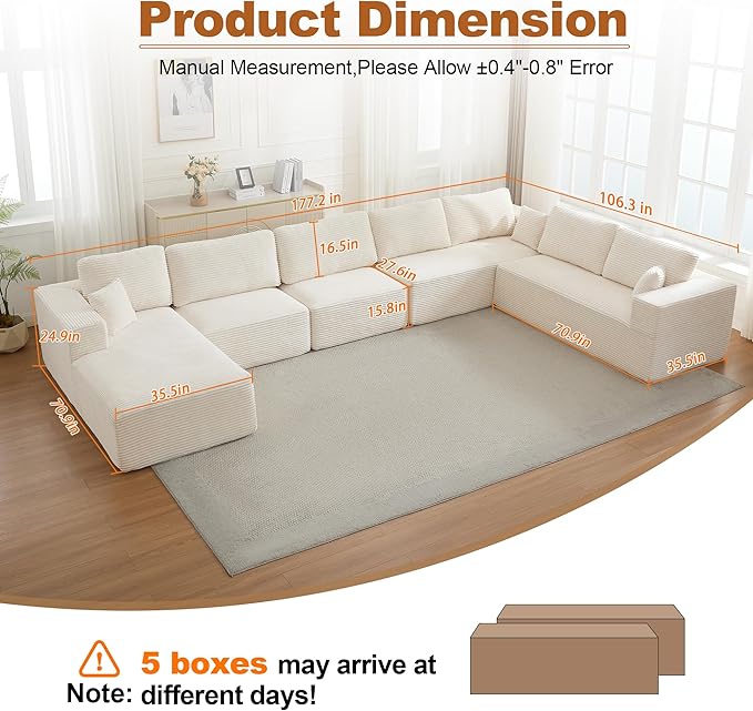 Modular Sectional Cloud Couch for Living Room,Modern Boneless Couche Set with Plush Corduroy,Comfy Floor Sofa with Memory Foam,Stupendous U Shaped Sofa with Chaise,No Assembly Required,Beige