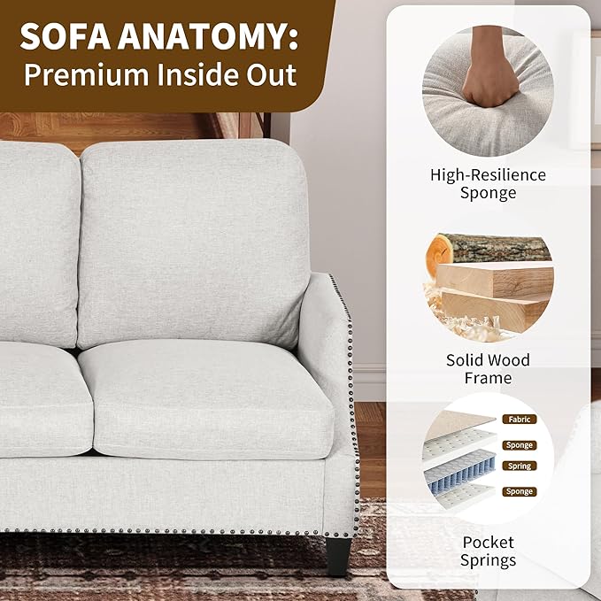 3 Piece 6-Seater Living Room Sofa Set, Modern Upholstered 3-Seater Sofa, Loveseat & Armchair, Handmade Nailhead Trim, Ergonomic Deep-Seat Couch for Living Room, Bedroom, Apartment, Beige