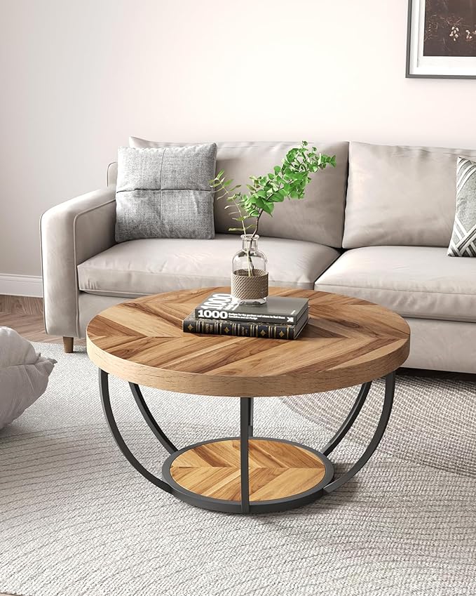 LITTLE TREE Round Coffee Table, 32" Circle Coffee Table for Living Room, 2-Tier Wood Accent Center Table with Open Storage Industrial Design Home Furniture (Wood Grain and Black)