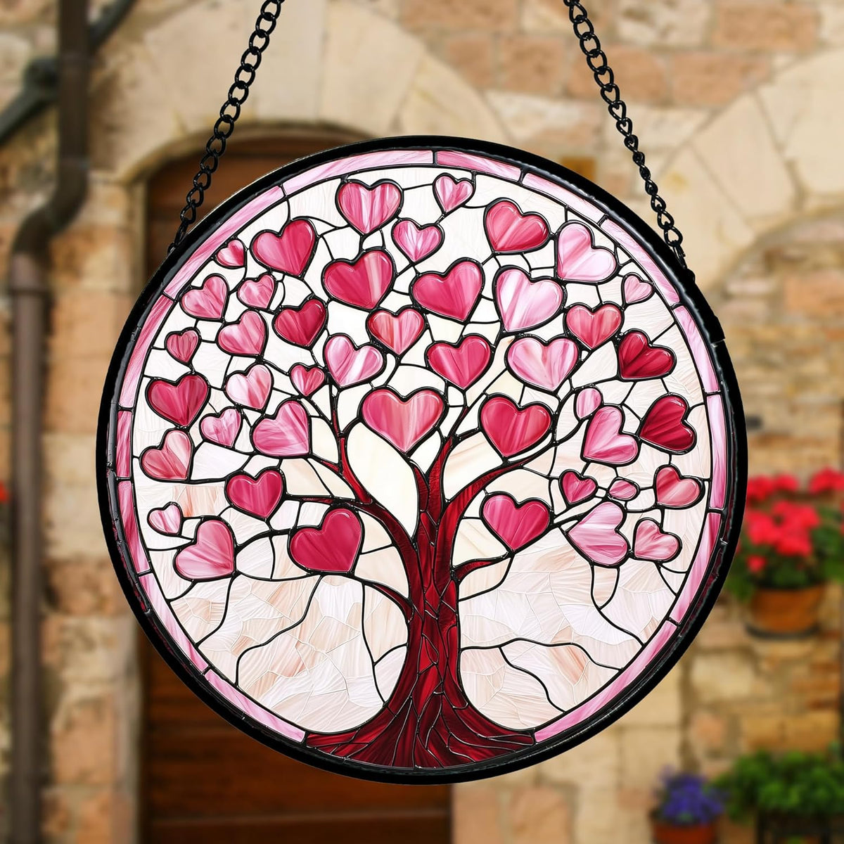 Stained Glass Window Hanging, Pink Love Heart Tree Suncatcher Hangings Beige Sun Catchers Decor for Birthday Holiday for Women, Men, Wife, Aunt, Mom 11.8IN