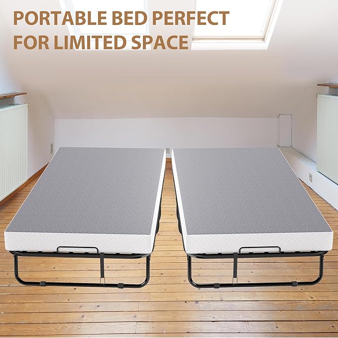 Folding Bed with Memory Foam Mattress, Portable Rollaway Guest Beds on Wheels, 75"x38" Twin Size Space-Saving Cot-Size Bed for Adults with Easy Assembly Metal Frame (Grey)