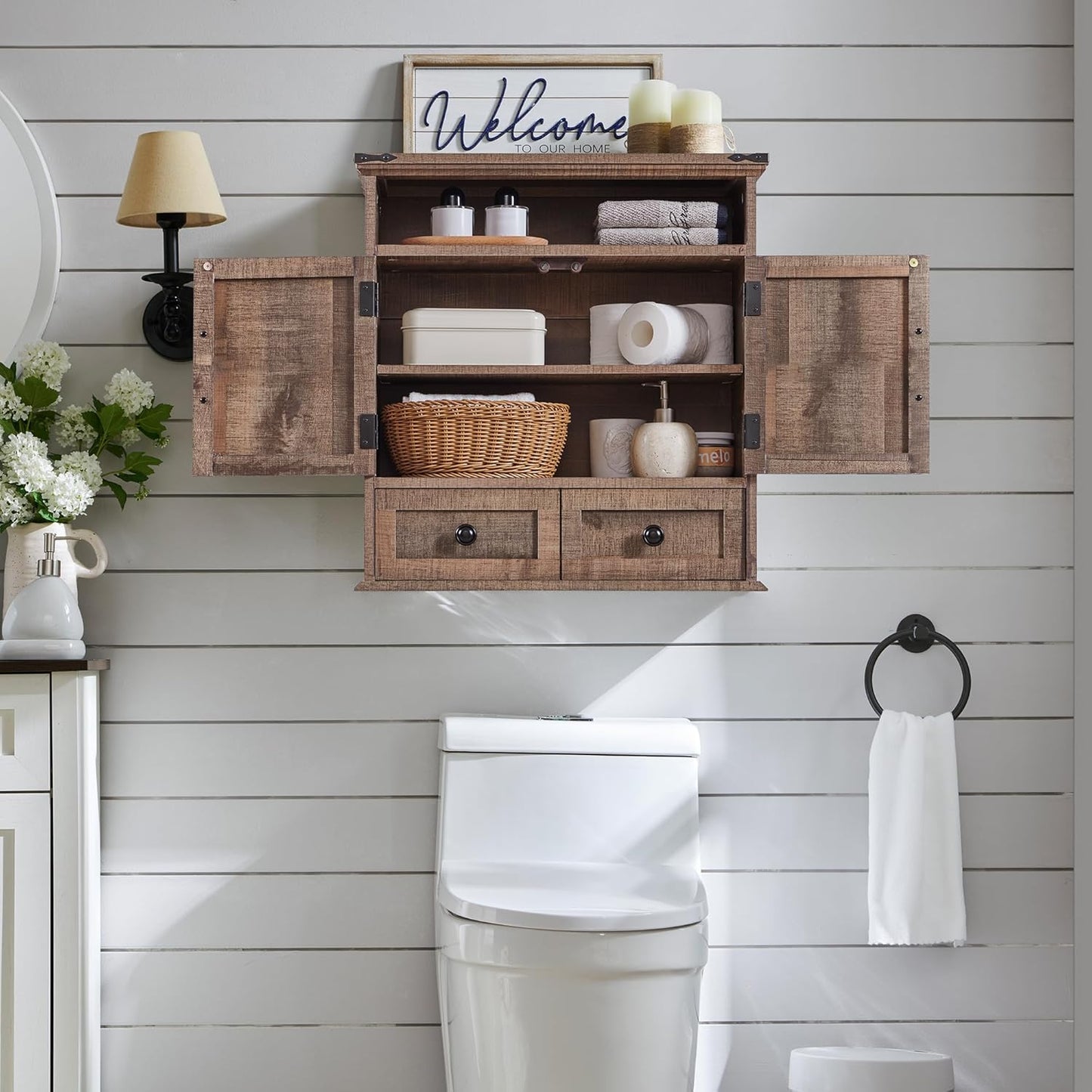 Bathroom Wall Cabinet, Farmhouse 24" Wide Medicine Cabinet with Drawer, Adjustable Shelf, Double Barn Doors, Storage Cabinets for Bathroom, Kitchen, Living Room, Rustic Brown