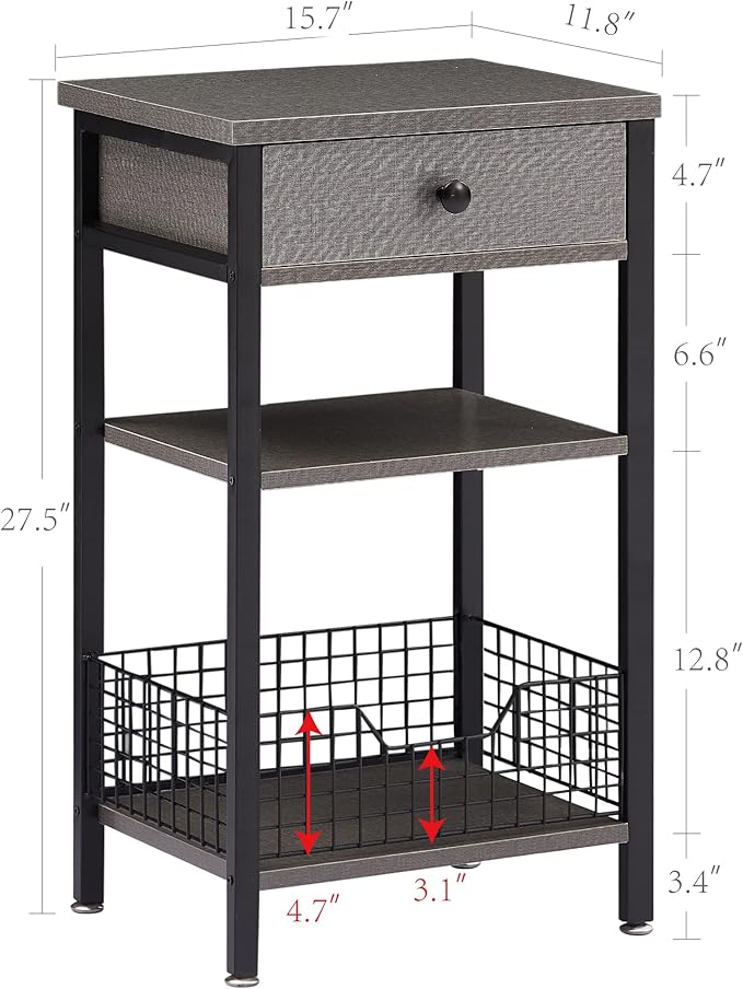 VECELO Tall Side End Table,Nightstands Shelf Storage Organizer with U-Shape Shlef Basket and Drawer for Telephone Entryway/Living Room/Bedroom/Kitchen,Small Spaces,Hemp Gray,27.5" H,1 Set