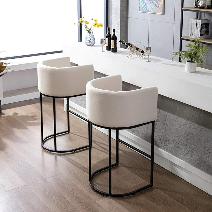 Contemporary Cream Linen Bar Stool, 32" Upholstered Fabric Counter Height Barstool Kitchen Counter Island Stool with Black Metal Base