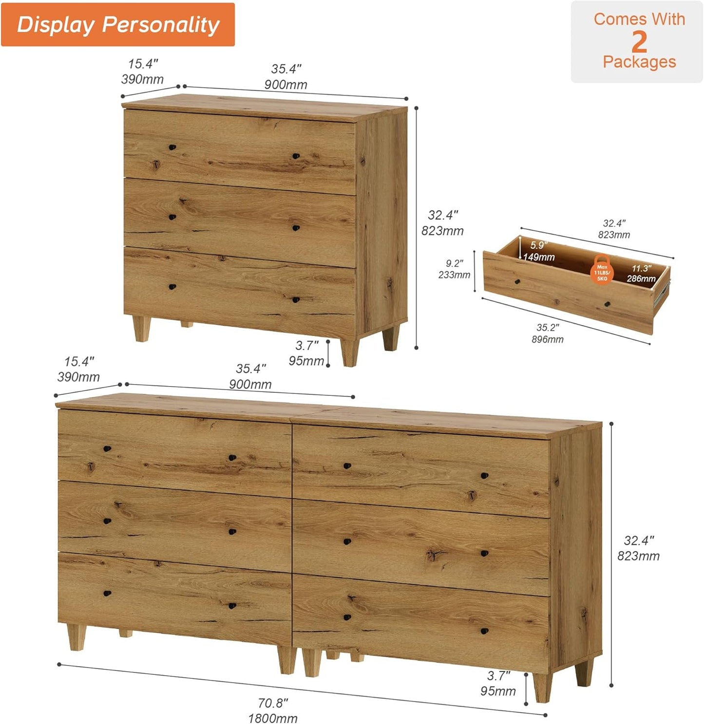 WAMPAT Dresser with 6 Drawers, Bedroom 70.8" Wide Wooden Chest of Drawers, Modern Dressers Closet Storage Organizer w/Solid Wood Legs for Living Room, Kids Room, Nursery, Oak Brown