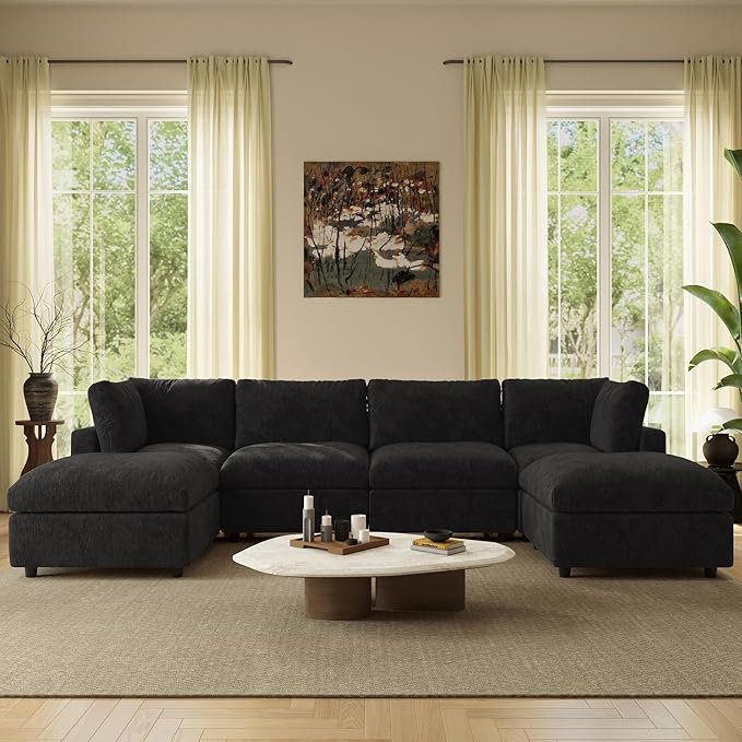 WJShome U Shaped Sectional Couch 134 Inch 4-Seater Modern Modular Sofa with 2 Ottoman,Chenille Deep Seat Couches for Living Room, Bedroom and Apartment，Black