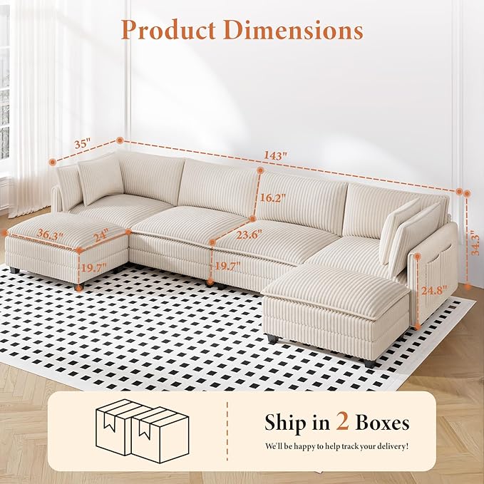 Vesgantti 143" U Shaped Sectional Modular Couch, Comfy Corduroy Upholstered Modular Cloud Sofas for Living Room, Modern Sectional Sofa with 2 Ottoman Deep Seat, Beige