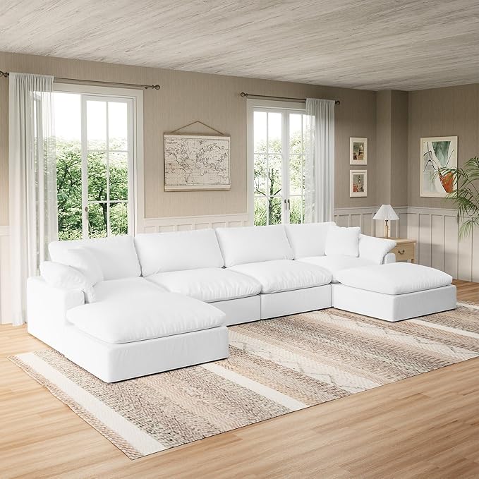 Modular Sectional Sofa Cloud Couch,Down Filled Comfy Cloud Modern Sofa,White Linen U Shape 6 Seater Oversized Couch Cushion Covers Removable for Living Room
