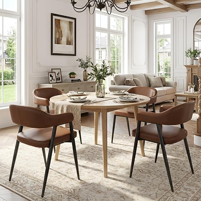 HNY Modern Dining Room Arm Chairs Set of 4, Retro Faux Leather Upholstered Barrel Dining Chairs with Arms Mid-Century Brown Accent Chair with Metal Legs, Open-Back Kitchen Side Chair for Living Room