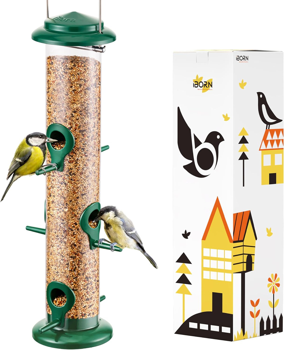 iBorn Metal Bird Feeders 6 Ports Hanging Wild Bird Seed Feeder for Mix Seed Blends, Niger Seed Feeder, Sunflower Heart, Birdbath, Heavy Duty All Metal Green Finishing 14 Inch 6Port