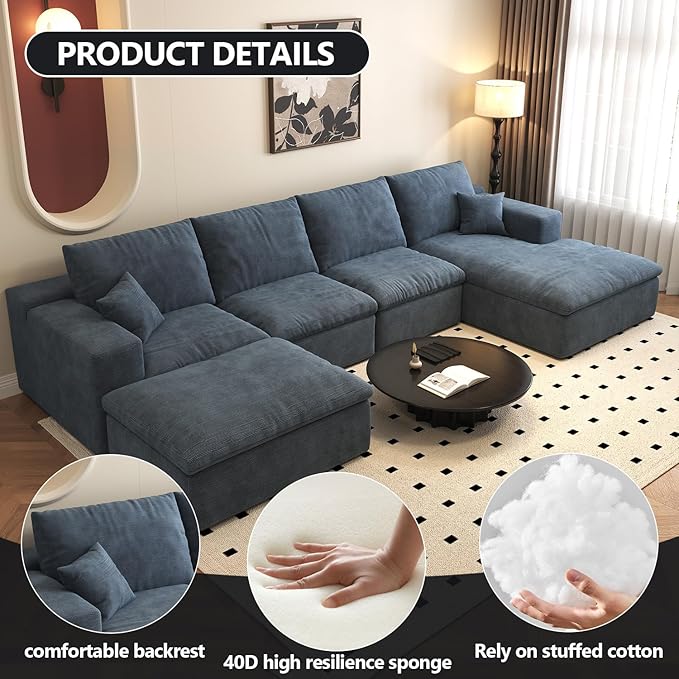 136.6'' U-Shaped Modern Modular Sectional Cloud Couch Whit Ottoman, 4-Seat Chenille Deep-Seat Sofa with Pillow for Living Room, Bedroom, Apartment, Ocean Blue