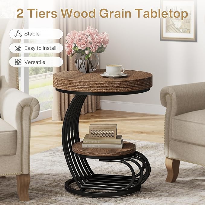 Tribesigns Round End Table Set of 2, 2-Tier Farmhose Wood Side Table with Shelf Storage, Small Sofa Side Bedside Nightstand, Accent Furniture for Living Room, Light Brown