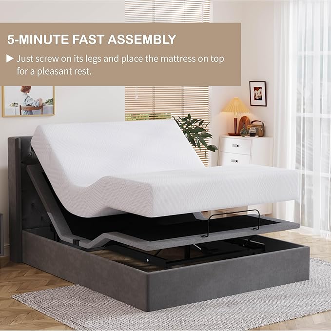 Queen Adjustable Bed Base Frame with Wireless Remote + 10 Inch Queen Green Tea Gel Memory Foam Mattress Bed in a Box, Head and Foot Incline, Zero Gravity, Fiberglass Free, 80" × 60"