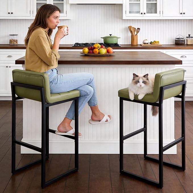 Set of 2 Bar Stools, Modern Counter Stool, Upholstered Faux Leather Barstools with Back, Comfortable 30-inch Seat Height Island Chairs for Kitchen Island (Avocado Green, 2Pcs 30" Bar Stools)
