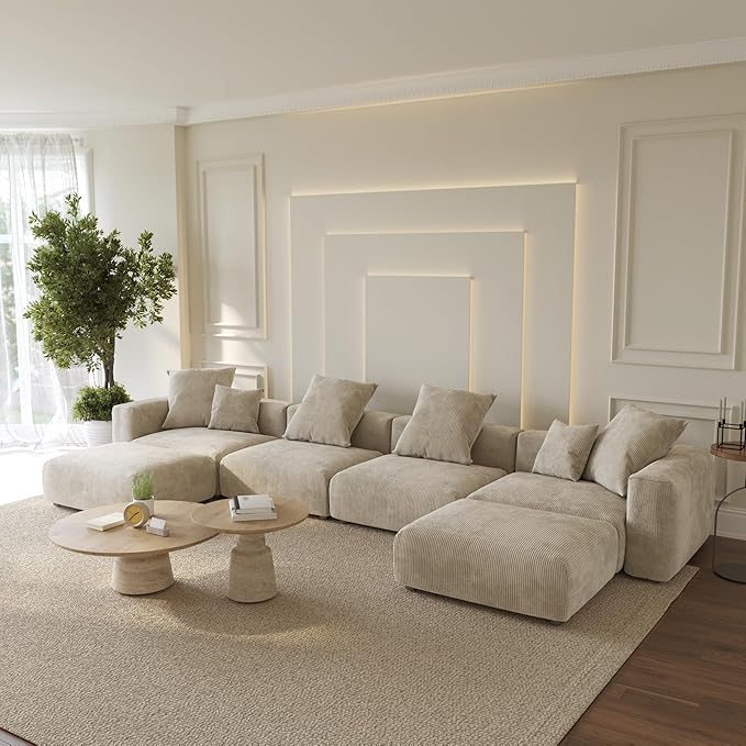 WJShome Cloud Couch Modular Sectional Sofa,181.1inch U Shape Couch,Oversized Corduroy Couches with Ottoman and 6 Pillows,Cushion Covers Removable& Washable,Beige