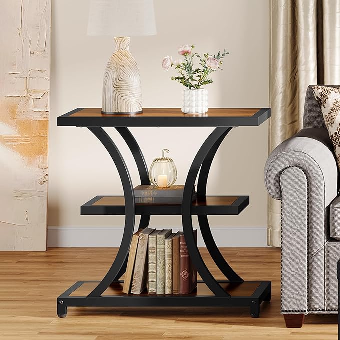 Tribesigns End Table with Storage, 3-Tier Side Table with Geometric Metal Design, Industrial Nightstand for Small Spaces, Living Room, Bedroom, Study Room (2, Rustic Brown)