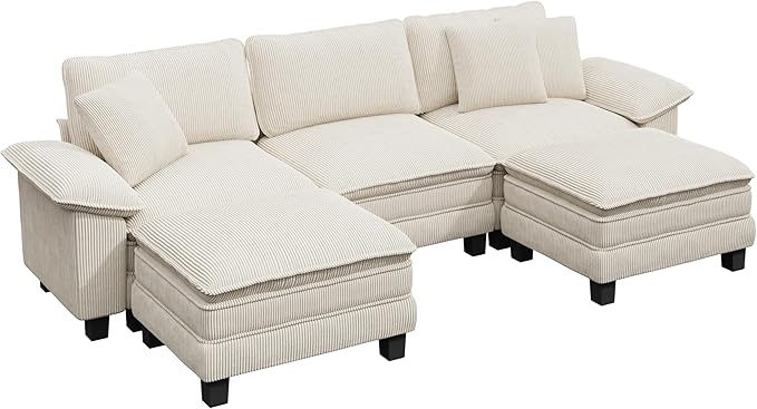 PHI VILLA Cloud Modular Couch Sets, 123.6" Sectional Sofa with U-Shaped Chaise, 5-Seater Couches with 2 Movable Ottomans for Living Room, Corduroy Fabric, Beige