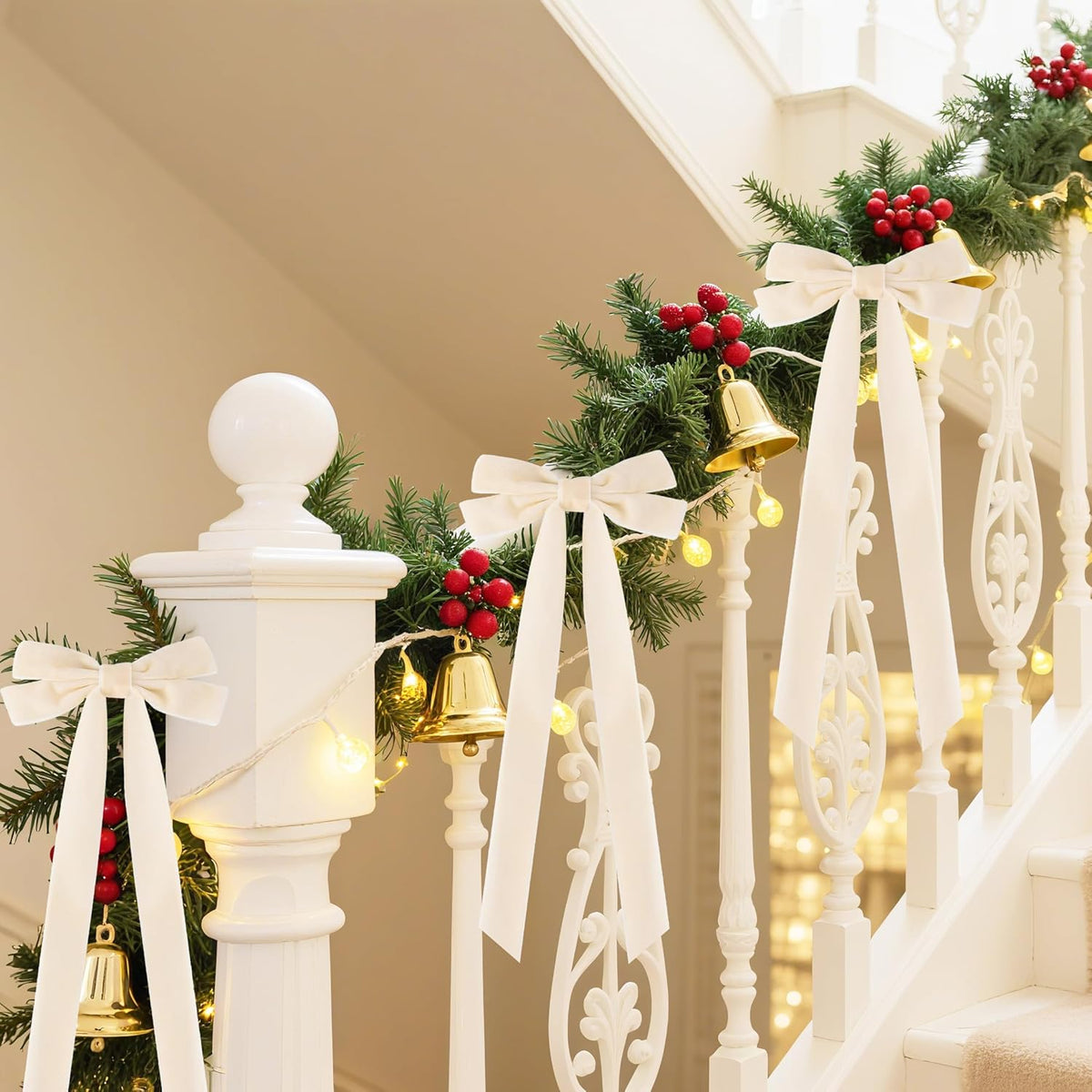 Senjie Velvet Large Christmas Bows for Staircase Garland Wreath, 20in x 8in Vintage Ribbon Bows with Twist Tie for Xmas Tree Holiday Indoor Outdoor Decorations (6Pcs, Beige)